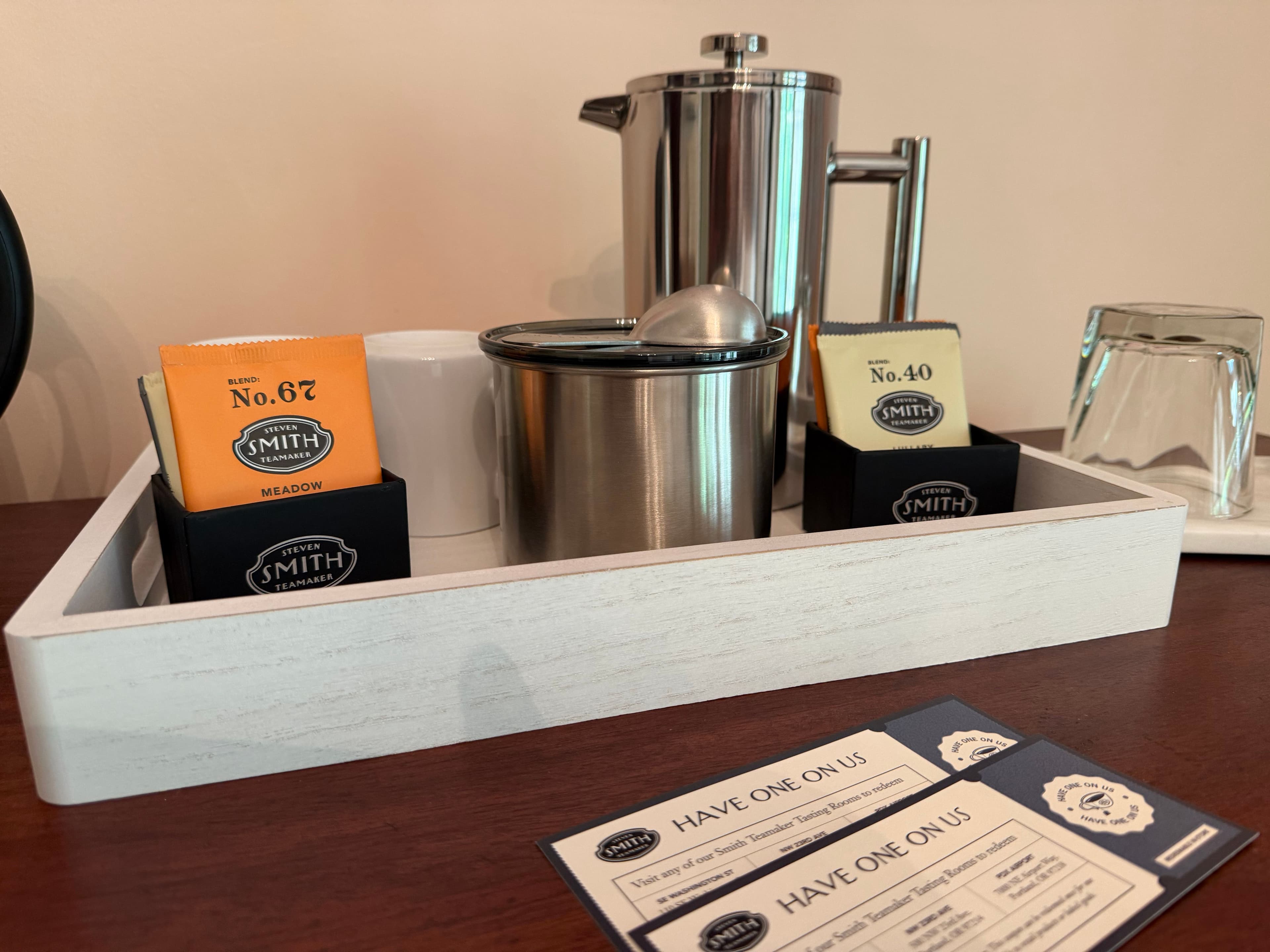 French press and Smith Teamaker teas on the in-room tray